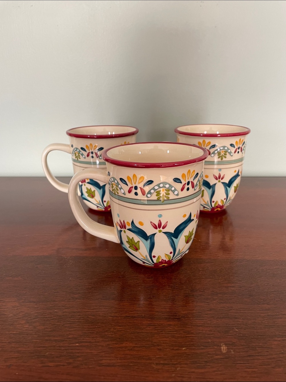 Hand-Painted Ceramic Mug in Cream with Red Rim and Multicolor Floral Motif ,3 - Picture 3 of 6